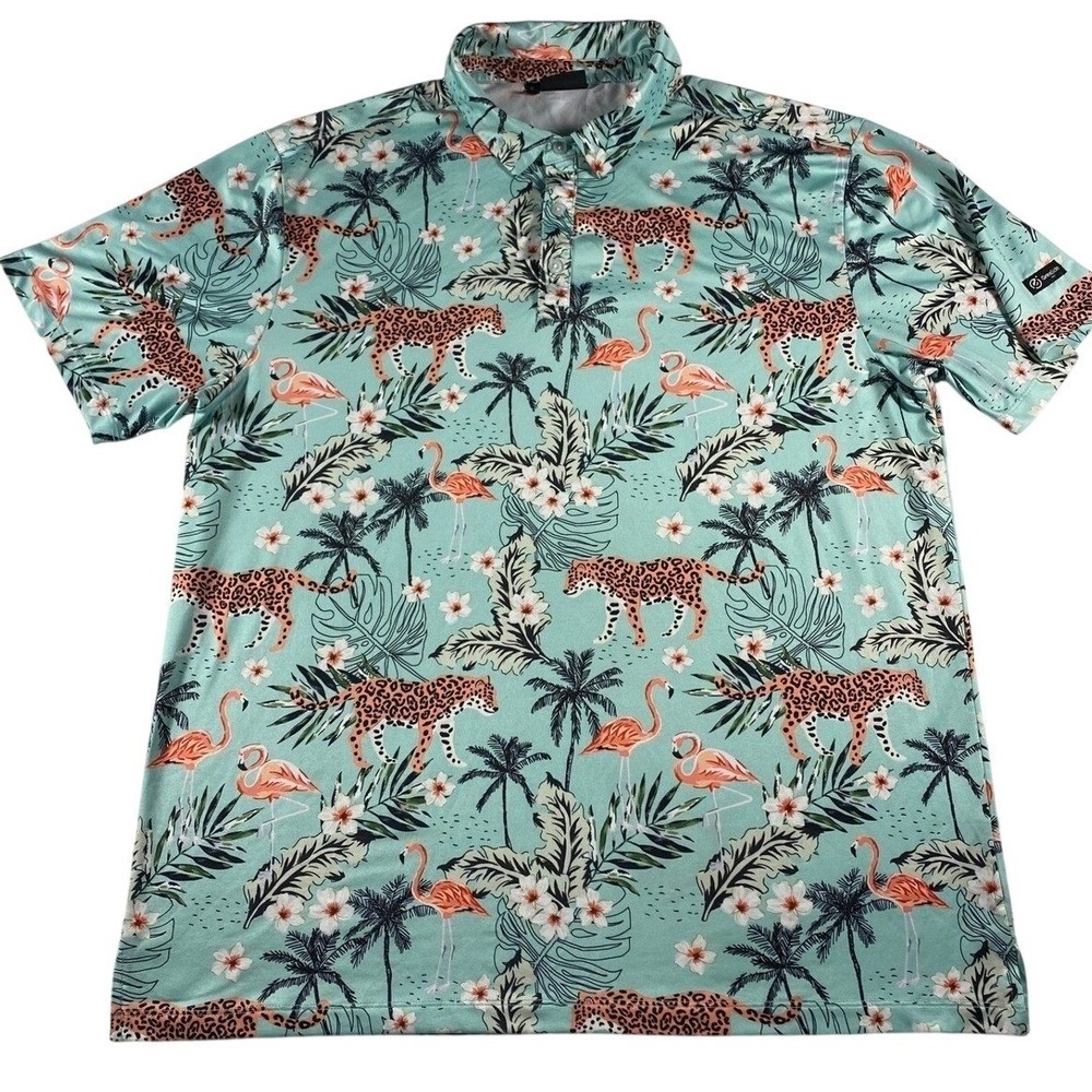 GreenSide Golf Mens XL Tropical Leopard Flamingo Palm Tree Print Polo Shirt